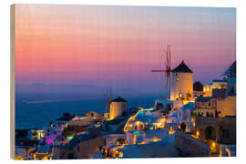 Tableau en bois View of Oia in Santorini at sunset