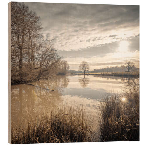 Tableau en bois Sepia Lake Sunrise