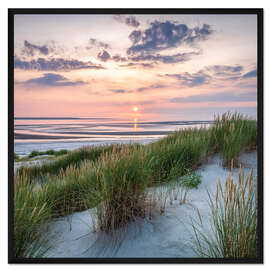 Gerahmter Kunstdruck Dünenlandschaft bei Sonnenuntergang