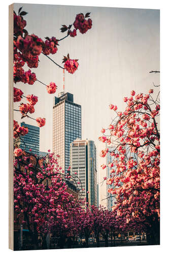 Tableau en bois High-rise buildings with cherry blossoms, Frankfurt