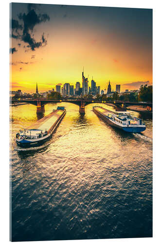 Acrylic print Frankfurt in the sunset, skyline with two ships