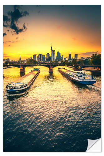 Selvklebende plakat Frankfurt in the sunset, skyline with two ships