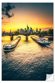 Selvklebende plakat Frankfurt in the sunset, skyline with two ships