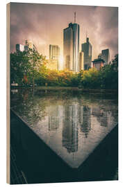 Holzbild Frankfurt, Skyline mit Sonnenuntergang