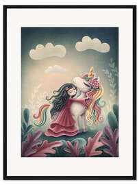 Gerahmter Kunstdruck Einhorn mit kleinem Mädchen