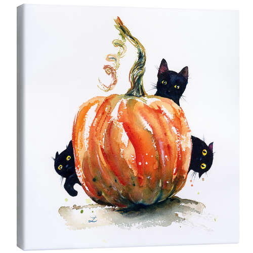 Quadro em tela Three Black Kittens and Pumpkin