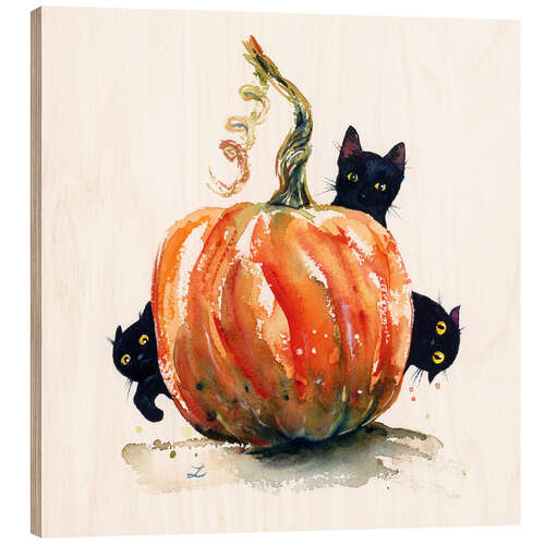 Tableau en bois Three Black Kittens and Pumpkin