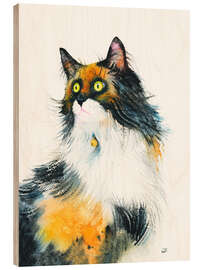 Wood print Calico Cat with Golden Bell