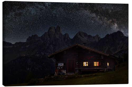 Canvastavla Illuminated mountain hut with Milky Way in the Alps