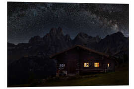 Foam board print Illuminated mountain hut with Milky Way in the Alps