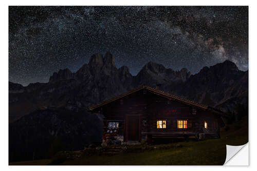 Selvklæbende plakat Illuminated mountain hut with Milky Way in the Alps