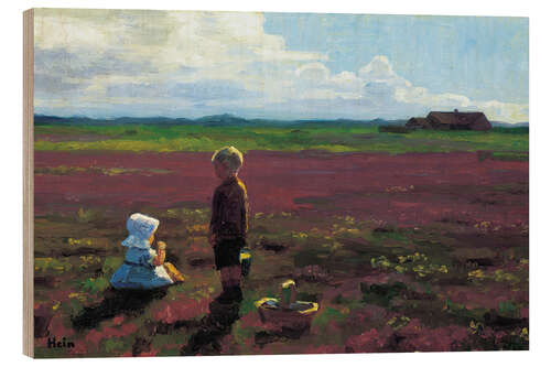 Hout print Children picking berries on the moor