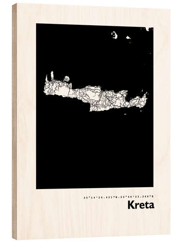 Wood print Map of Crete