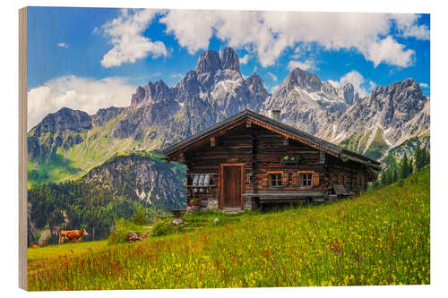 Holzbild Almhütte in den österreichischen Alpen