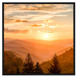 Gerahmter Kunstdruck Sonnenaufgang über Oconaluftee Valley