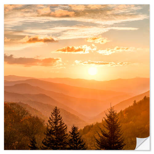 Selvklebende plakat Sunrise over the Oconaluftee Valley