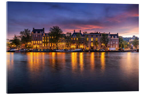 Acrylglasbild Fluss Amstel in Amsterdam in der Dämmerung