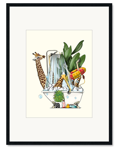 Framed art print Giraffe in the bathtub