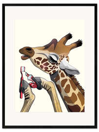 Plakat artystyczny premium w ramie Giraffe brushing teeth