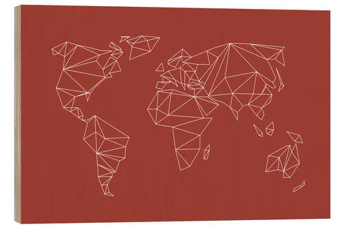 Hout print World map in earthy red