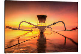 Tableau en plexi-alu Sanur jukung in sunrise, traditional fishing boat