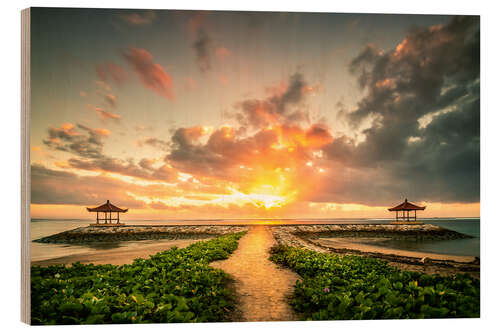 Wood print Bali temple by the sea with sunrise