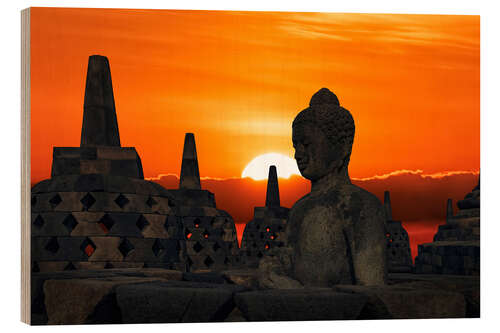 Holzbild Borobudur Sonnenuntergang