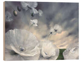 Wood print Fluechtig - flower meadow with white poppy blossoms in the wind