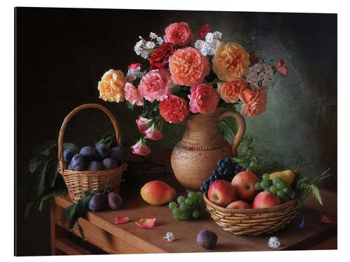 Aluminium print Still life with flowers and autumn fruits