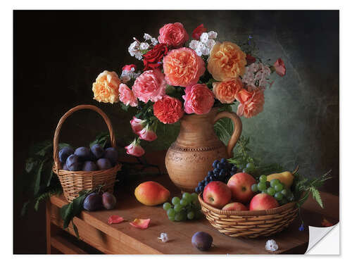 Naklejka na ścianę Still life with flowers and autumn fruits