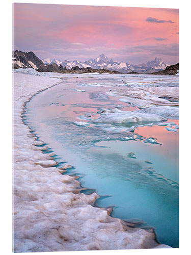 Acrylic print Sunrise at the ice lagoon in the Swiss Alps