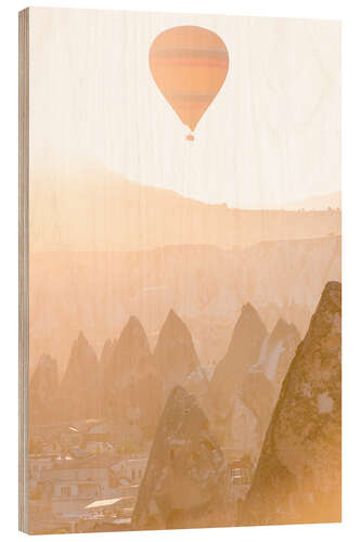 Wood print Hot air balloon over earth pyramids in the morning light