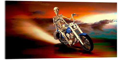 Acrylglas print Skeleton with motorcycle breathing fire at night