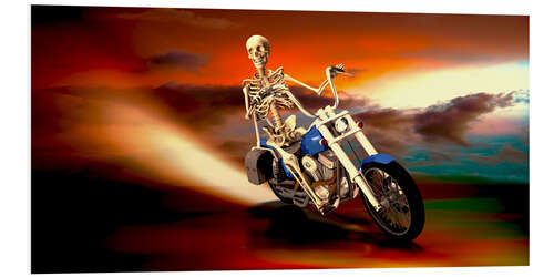 Stampa su PVC Skeleton with motorcycle breathing fire at night