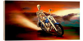 Quadro de madeira Skeleton with motorcycle breathing fire at night