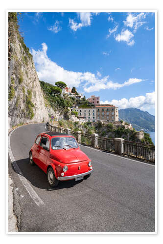 Poster With a red classic car along the Amalfi Coast