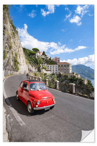 Selvklæbende plakat With a red classic car along the Amalfi Coast