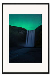 Gerahmter Kunstdruck Nordlichter über dem Skogafoss in Island