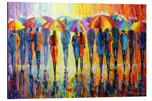 Aluminiumsbilde Lovers do Not Notice Rain, but Colourful Umbrellas