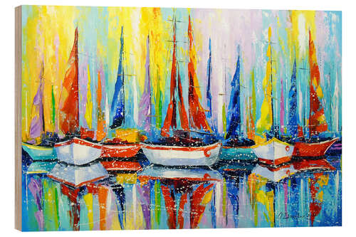 Tableau en bois Sailboats at the pier