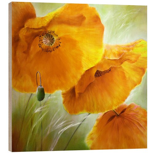 Wood print Three yellow poppy flowers