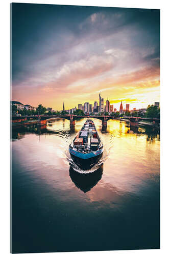 Acrylic print Frankfurt skyline, sunset with ship