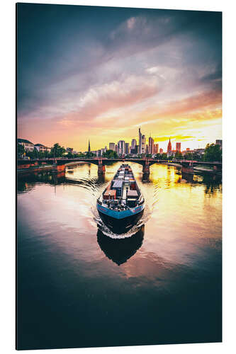 Aluminium print Frankfurt skyline, sunset with ship