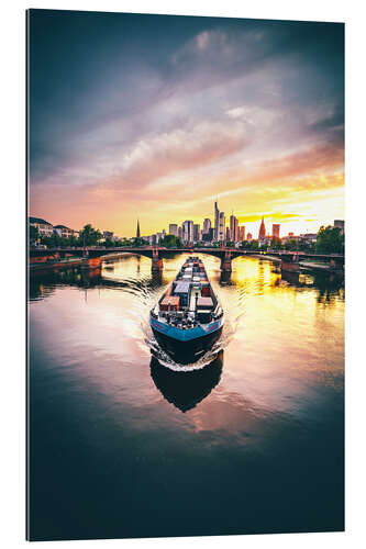 Gallery Print Frankfurt Skyline, Sonnenuntergang mit Schiff