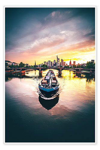 Poster Frankfurt skyline, sunset with ship
