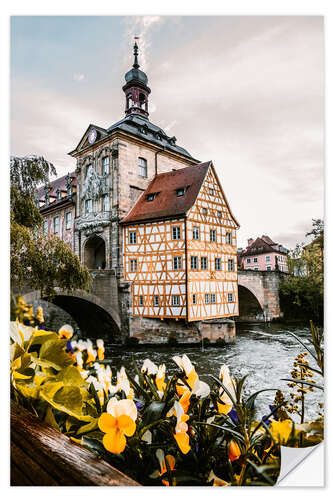 Selvklebende plakat Town hall Bamberg Bavaria with flowers