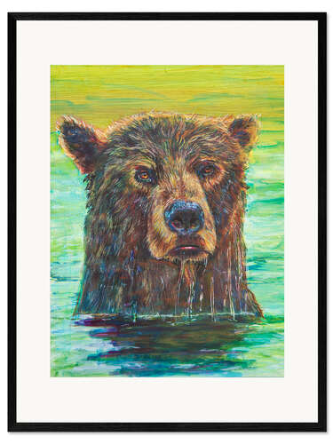 Gerahmter Kunstdruck Grizzlybär beim Morgenbad