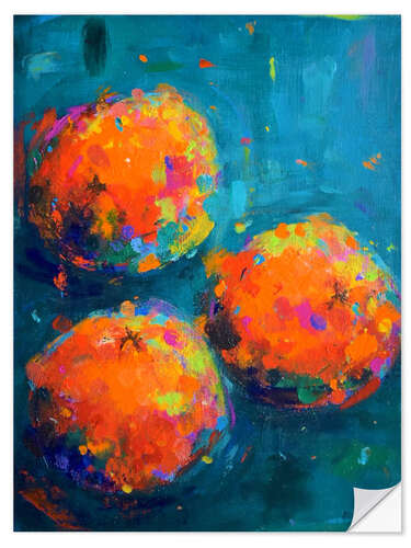 Självhäftande poster Three oranges on teal