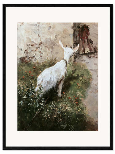 Framed art print Goat with wooden horse