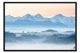 Gerahmter Kunstdruck Nebel über dem Hügelland Emmental vor Eiger, Mönch und Jungfrau